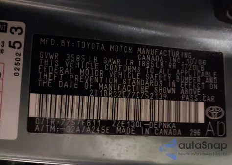 2007 Toyota Corolla Le from USA, damaged, VIN 2T1BR32E77C752139